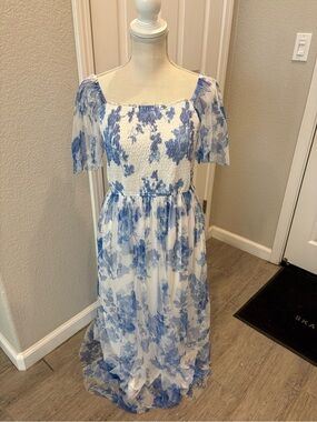 Blue Floral Smocked Maxi Dress with Puff Sleeves - Women